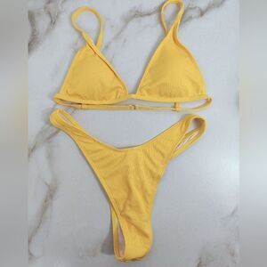 NWOT SHEIN Golden Yellow Ribbed Triangle Thong Bikini Set, Sz M